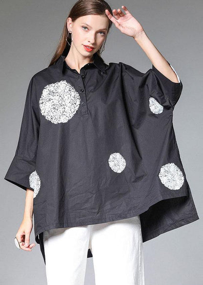 Black Peterpan Collar Button Fall Cotton Shirt Half Sleeve