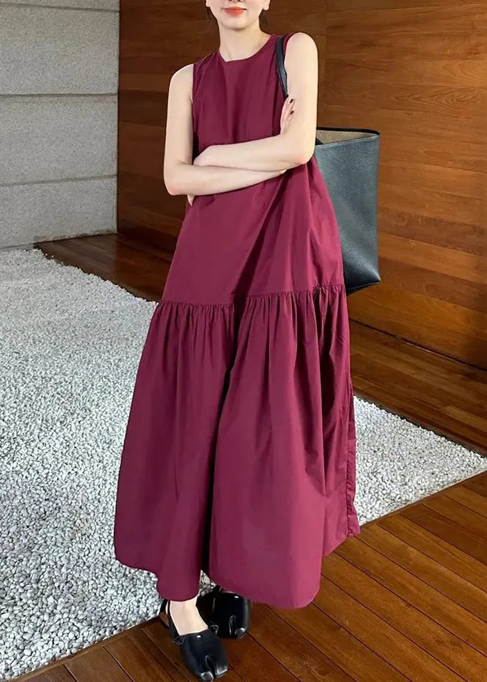 Simple Wine Red Pockets Wrinkled Cotton Long Dresses Sleeveles