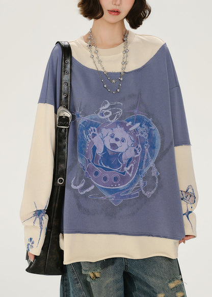 Lavender Oversized Patchwork Cotton Sweatshirt Spring