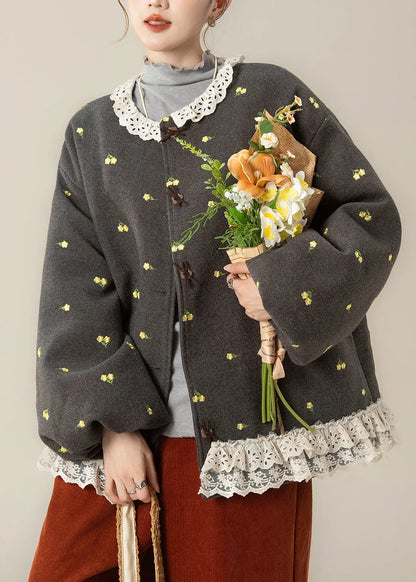 French Grey Print Lace Patchwork Fine Cotton Filled Coats Winter