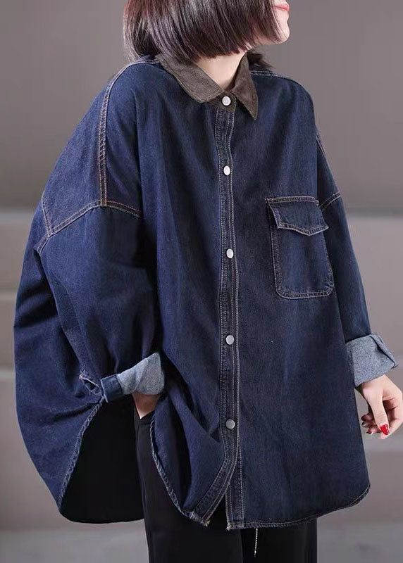 Navy Peter Pan Collar Patchwork Button Cozy Denim Shirts Fall