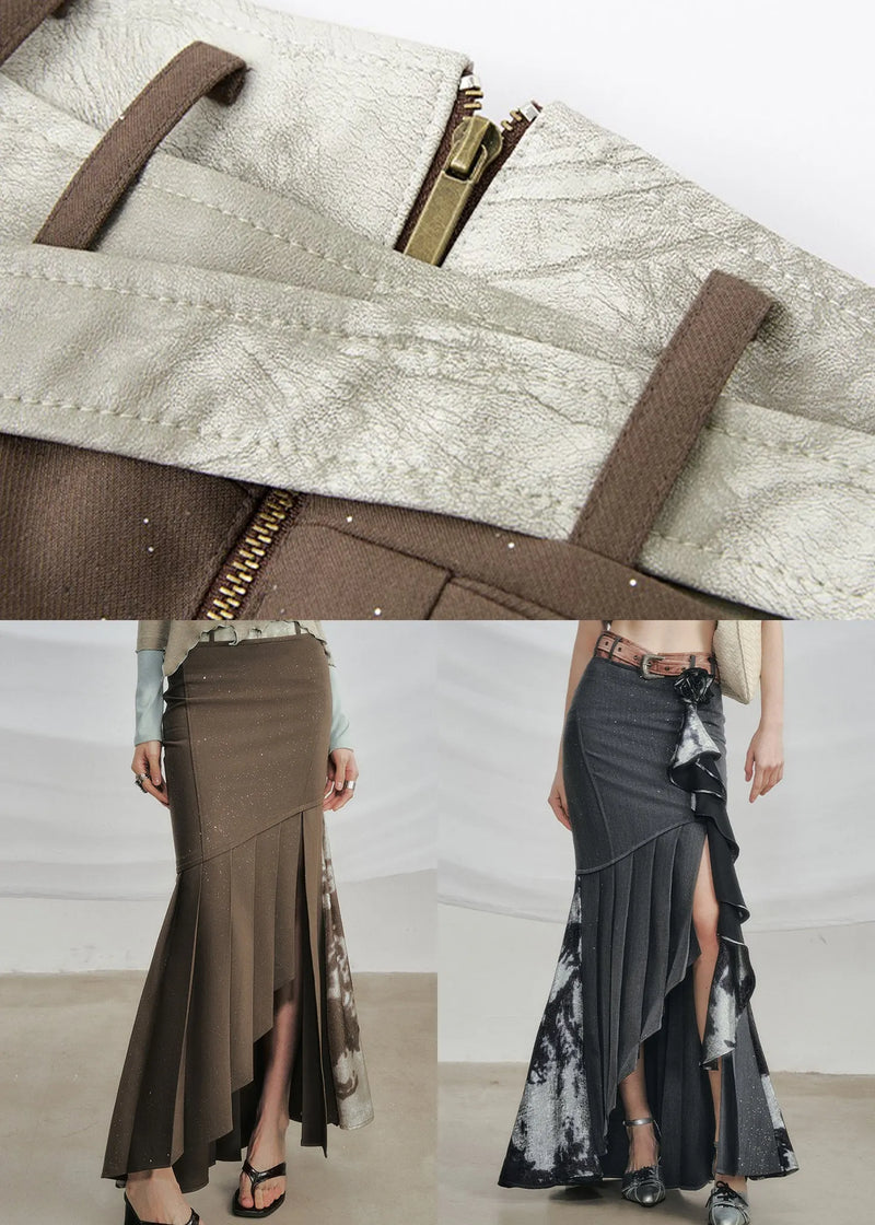 Coffee Zip Up Side Open Cotton Fall Skirts Asymmetrical
