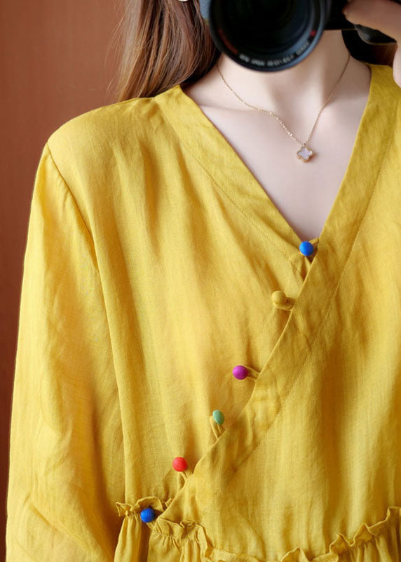 Yellow V Neck Button Fall Blouses Half Sleeve