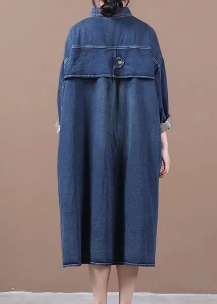 100% Lapel Patchwork Spring Outfit Ideas Denim Blue Long Dress