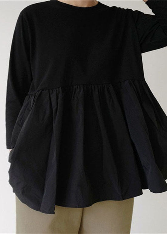 Modern Black O-neck Ruffled Patchwork Cotton T Shirt Top Spring