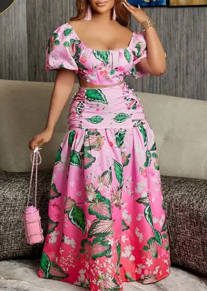 New Pink Gradient Color Print Tops and Skirts Cotton Two Pieces Set Summer