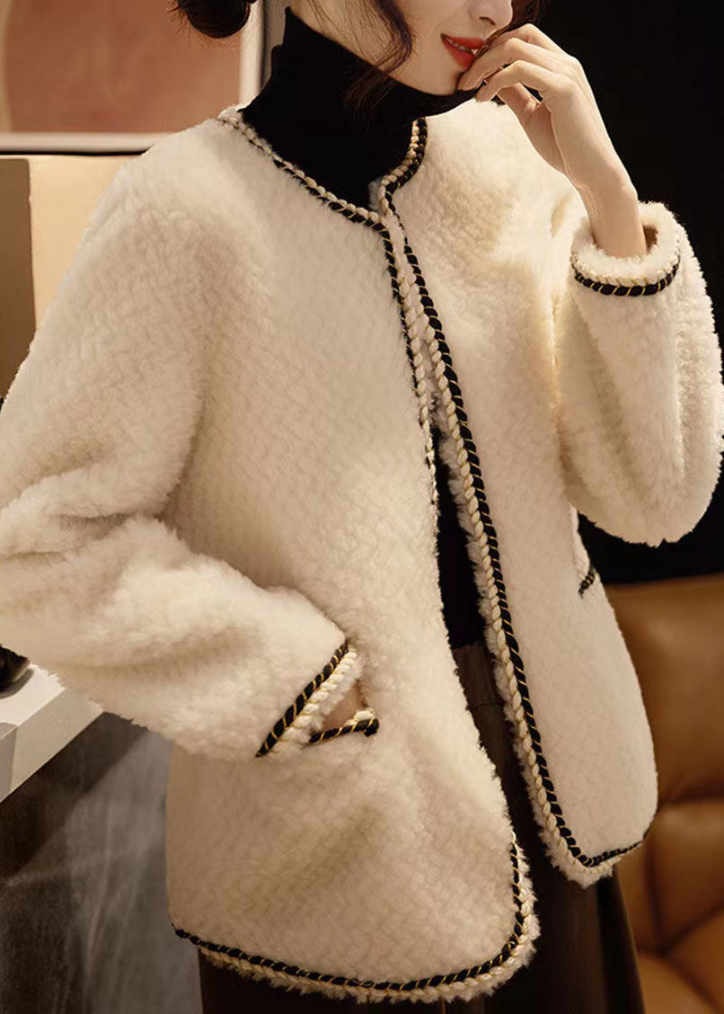 Black O Neck Pockets Patchwork Wool Coat Winter