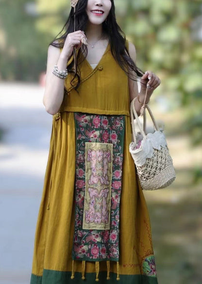 Rose V Neck Patchwork Linen Dresses Sleeveless