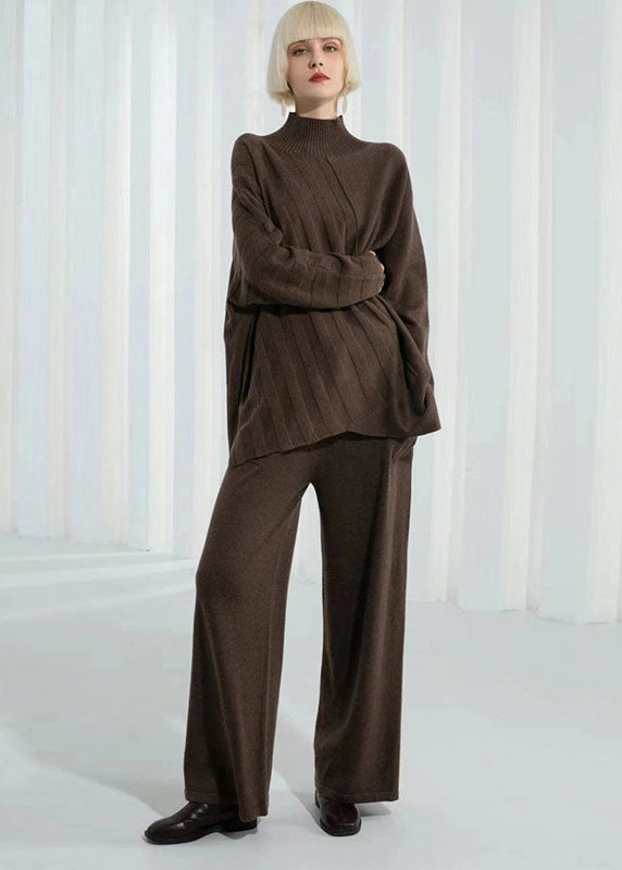 Dark Khaki Turtle Neck Thick Asymmetrical Design Wool Sweater Long Sleeve