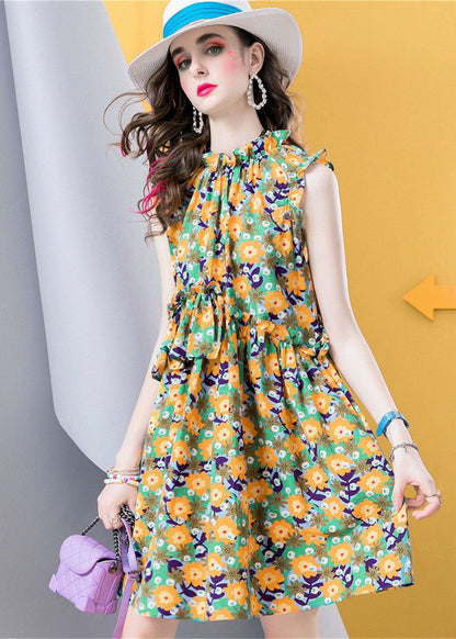 Modern Yellow Ruffled Print Patchwork Cotton Dress Sleeveless
