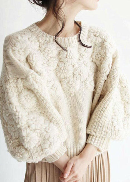 Beige Thick Warm Embroideried Fall Knit Sweaters