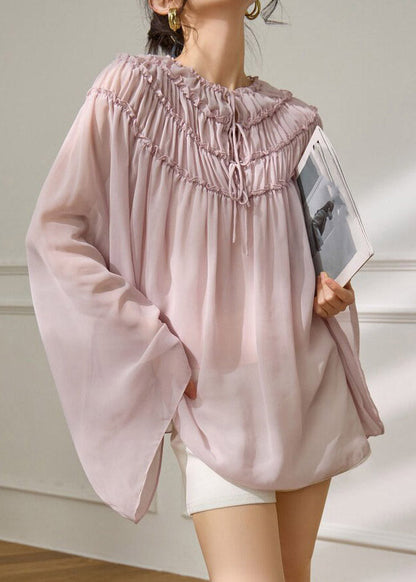 Pink Ruffled Wrinkled Chiffon Tops Batwing Sleeve