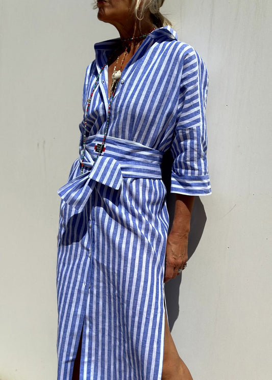 Blue Striped Patchwork Side Open Long Shirts Dress Bracelet Sleeve