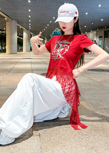 Diy Red Asymmetrical Patchwork Lace Tank Summer