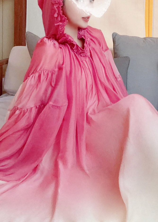 Pink O-neck Gradient Color Embroideried Hoold Silk Maxi Dresses Long Sleeve