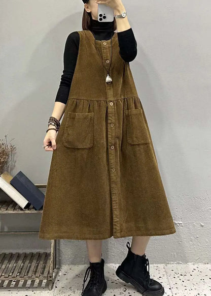 Khaki O Neck Button Pockets Corduroy Long Dresses Sleeveless