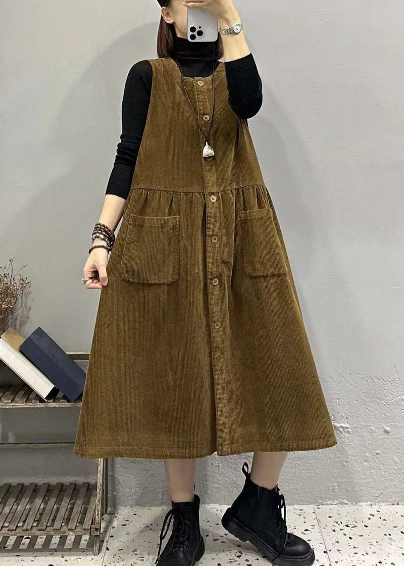 Khaki O Neck Button Pockets Corduroy Long Dresses Sleeveless