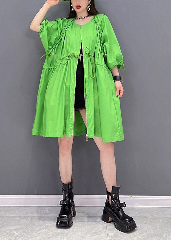 Loose Green O-neck Ruffled Drawstring Zippered Trench Coats Three Quarter Sleeve
