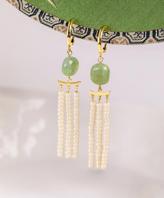 Classy White Copper Overgild Jade Beads Tassel Drop Earrings