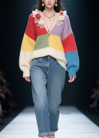 Fitted Colorblock V Neck Ruffled Knit Pullover Fall