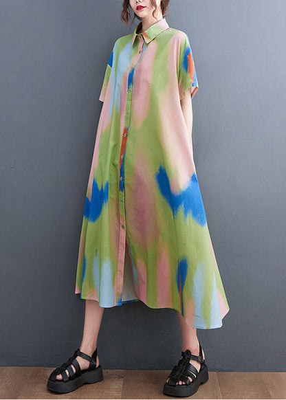 Diy Colorblock Peter Pan Collar Tie Dye Print Button Cotton Shirt Dress Short Sleeve
