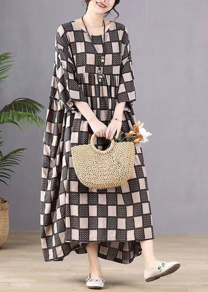 Style Orange O-neck Plaid Print Wrinkled Maxi Dresses Bracelet Sleeve
