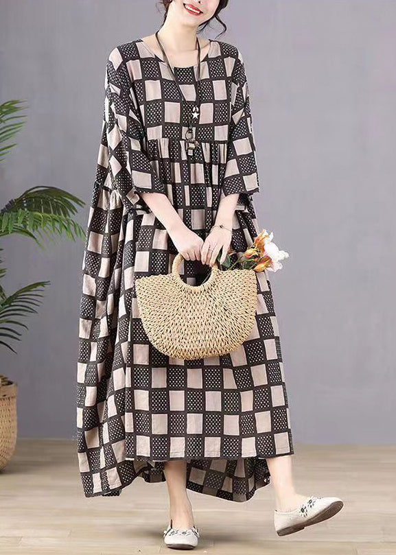 Style Orange O-neck Plaid Print Wrinkled Maxi Dresses Bracelet Sleeve