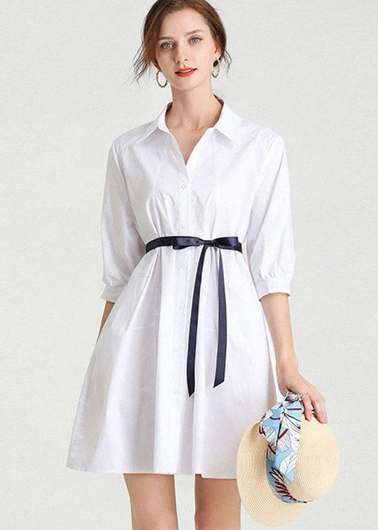 White Bow Summer Cotton Holiday Dress Half Sleeve