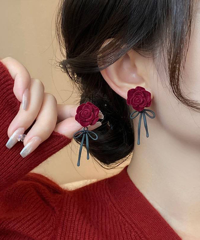 Red Copper Alloy Rose Bow Flocking Stud Earrings