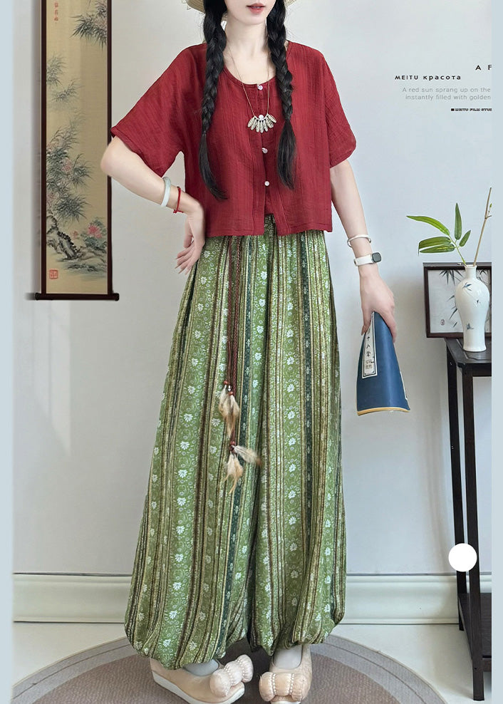 Red Tasseled Print Cotton Lantern Pants Fall