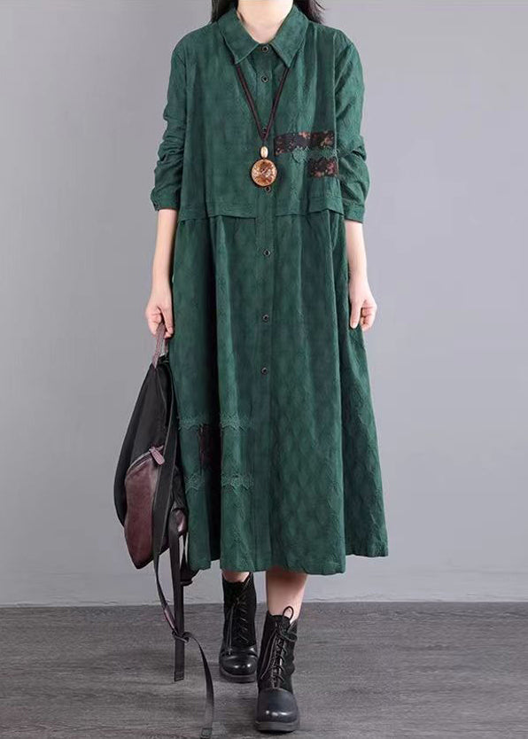 Blackish Green Pockets Patchwork Cotton Shirts Dresses Fall