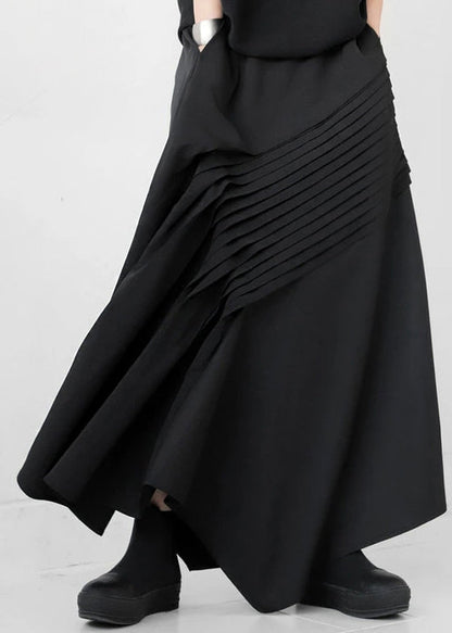 Black Asymmetrical Wrinkled Cotton Skirt Fall