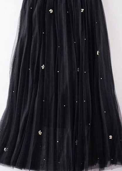 French Black Wrinkled Patchwork Nail Bead Tulle Skirt Spring