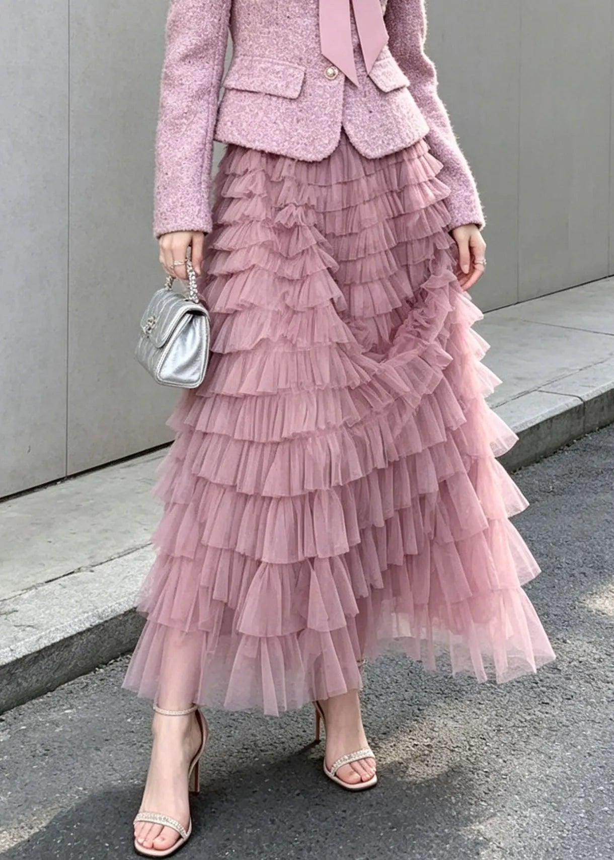 New Purple Woolen Coat and Tulle Ruffled Skirts Sets 2 Pieces Fall