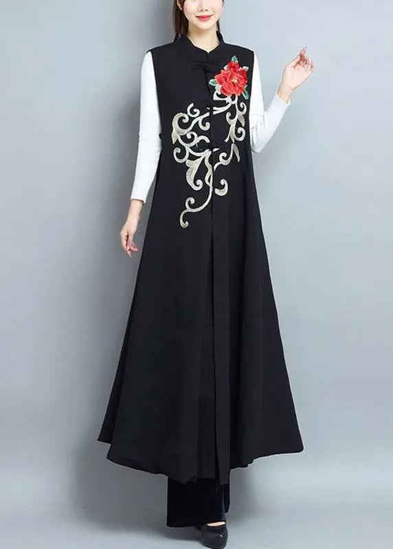 Black Embroideried Side Open Patchwork Cotton Long Waistcoat Sleeveless