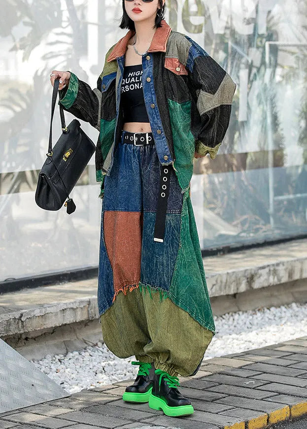 Vogue Colorblock Peter Pan Collar Button Patchwork Denim Coats and Harem Pants Two Pieces Set Long Sleeve