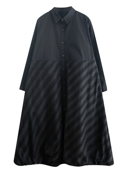 Black Peter Pan Collar Striped Patchwork Button Long Shirts Dresses Long Sleeve