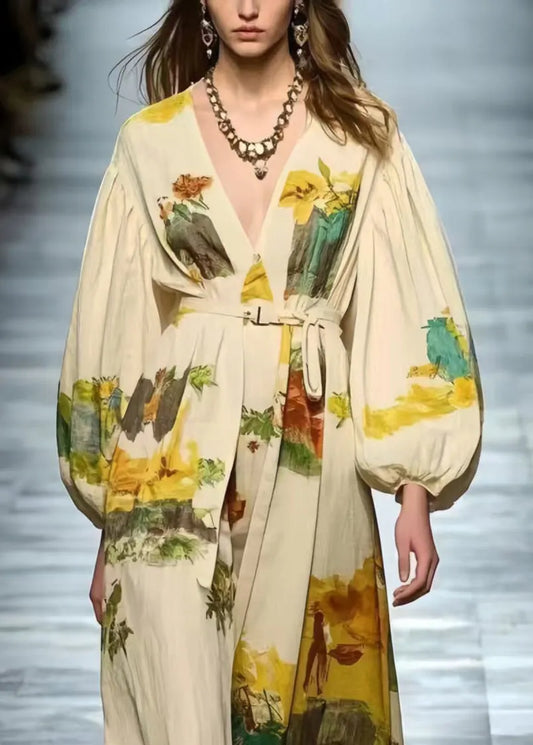 Style White Tie Waist Print Cotton Maxi Dresses Spring