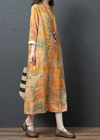 Yellow O-neck Print Tie Waist Linen Holiday Dress Spring