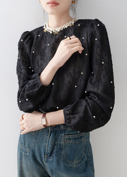 Modern Black Jacquard Nail Bead Chiffon Blouse Tops Spring