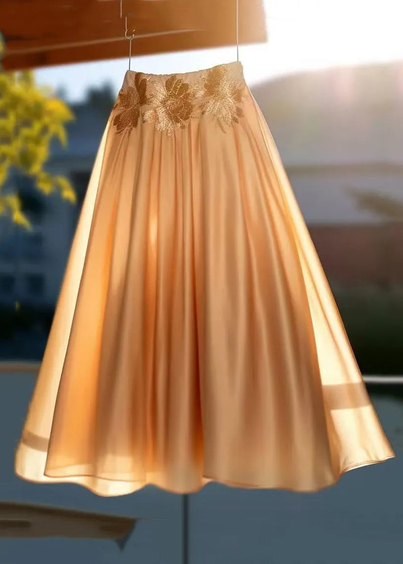 Champagne Gold Embroidered High Waist Cotton Skirts Summer