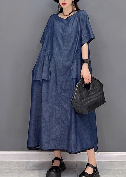 Denim Blue O-neck Pockets Long Dresses Short Sleeve