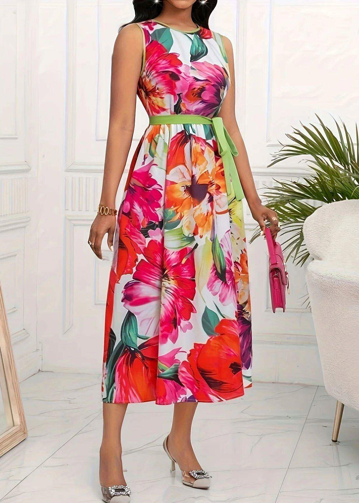 Red O-neck Print Tie Waist Maxi Dress Sleeveless Summer