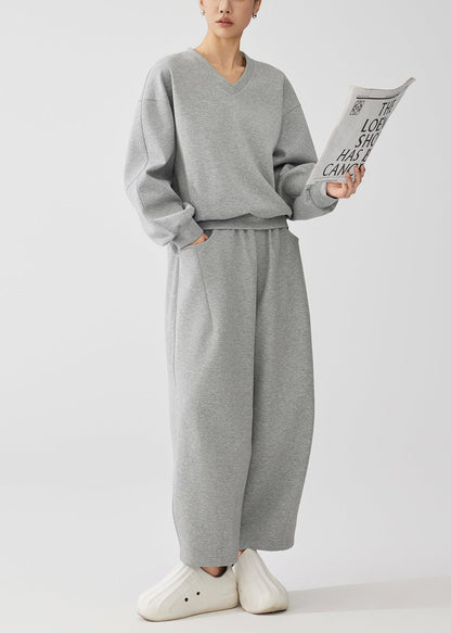 Grey Oversized Cotton Pullover Sweatshirt Two Piece Set Fall