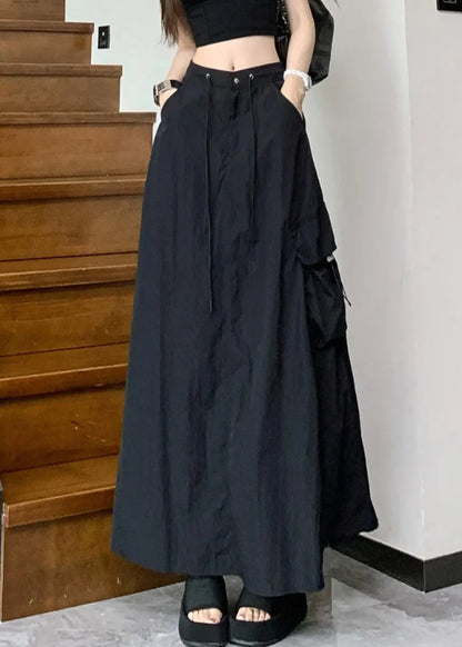 Black Pockets Drawstring High Waist Cotton Skirts Summer