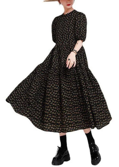 Black Print O-neck Circle Summer Party Dresses Half Sleeve