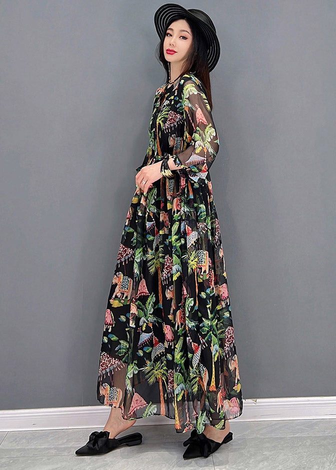 Black O-neck Patchwork Button Chiffon Dresses Short Sleeve