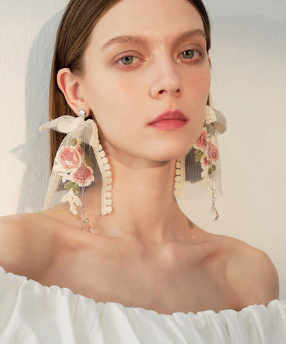 Embroidered Rose Mesh Dangle With Crystal Tasseled Pendant Earrings