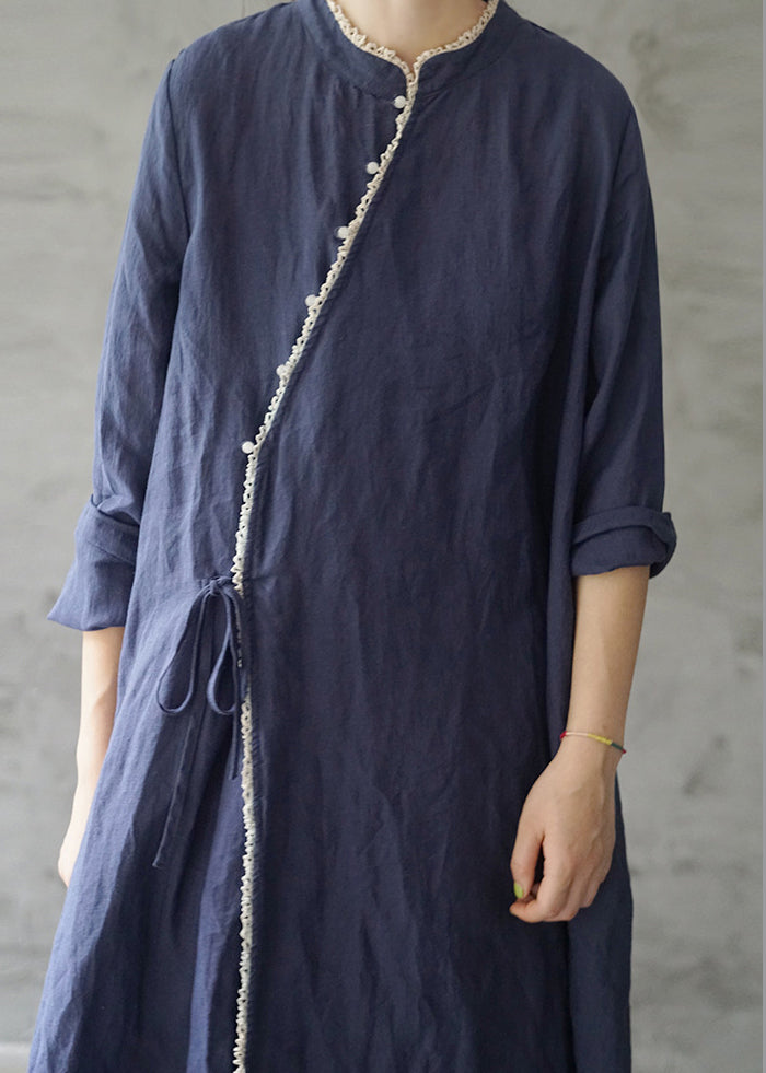 Retro Tibetan Blue Lace Patchwork Linen Dresses Long Sleeve