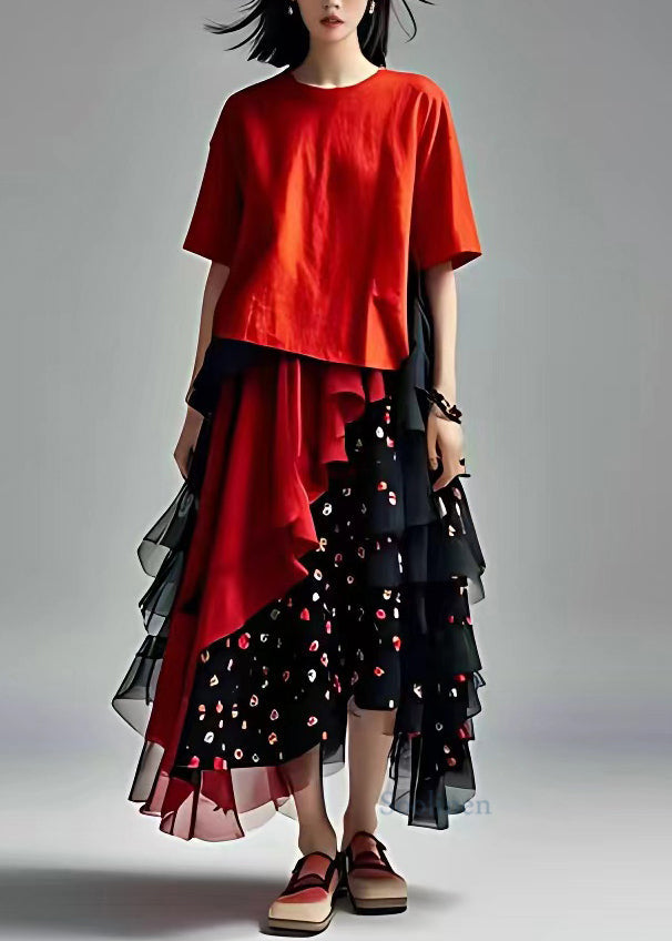 Red Tulle Patchwork Chiffon Two Piece Set